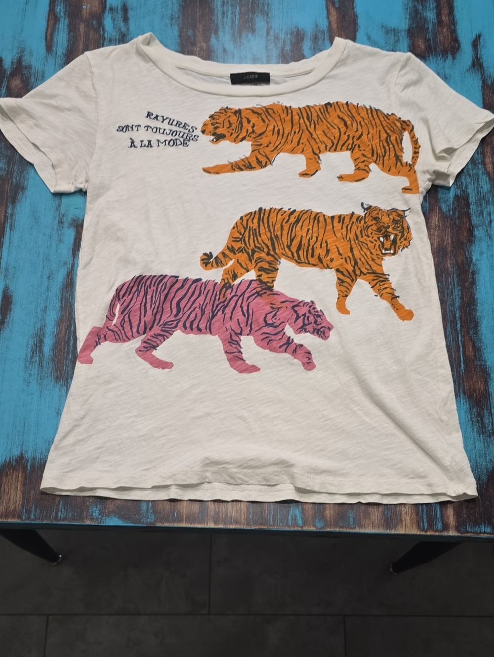 J. Crew White Short-Sleeve Tee with Orange & Pink Tiger Prints